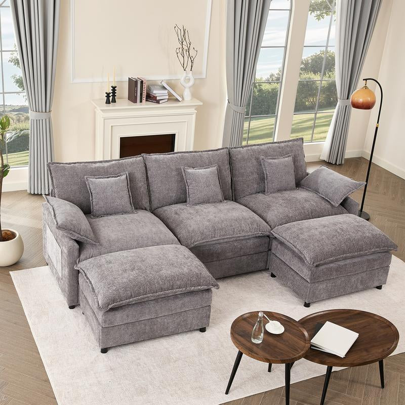 【2 Packages Shipping】Gosuhi 108" U-Shaped Modular Sectional Sofa - Comfy Cloud 3-Seater with Movable Ottoman, Deep Seat Linen Couch for Living Room, Beige Color ,Comfort & Stylish Design