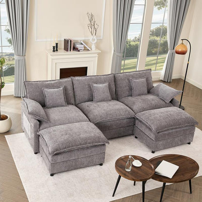 【2 Packages Shipping】Gosuhi 108" U-Shaped Modular Sectional Sofa - Comfy Cloud 3-Seater with Movable Ottoman, Deep Seat Linen Couch for Living Room, Beige Color ,Comfort & Stylish Design