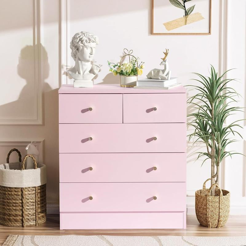 Pink/White/Brown/Grey - 5 Drawer Dresser for Bedroom, Modern Wood Dresser Chest of Drawers, Bedroom Dressers for Girls, Anti-Tipping Device, Rose Gold Metal Handle, Living Room, Entryway, Hallway, Office