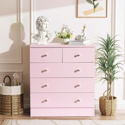 Pink/White/Brown/Grey - 5 Drawer Dresser for Bedroom, Modern Wood Dresser Chest of Drawers, Bedroom Dressers for Girls, Anti-Tipping Device, Rose Gold Metal Handle, Living Room, Entryway, Hallway, Office