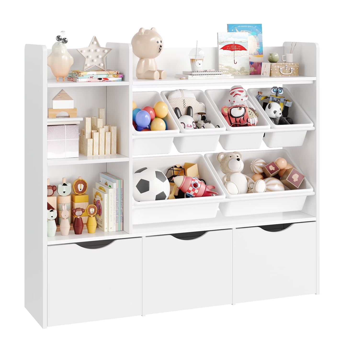 Kids Bookcase with 6 Storage Bins, Multi-Purpose Toy Organizers Bookshelf with 3 Drawers for Bedroom Nursery Playroom, White
