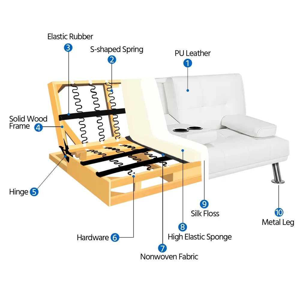 Luxurygoods Modern Faux Leather Futon with Cupholders and Pillows, White