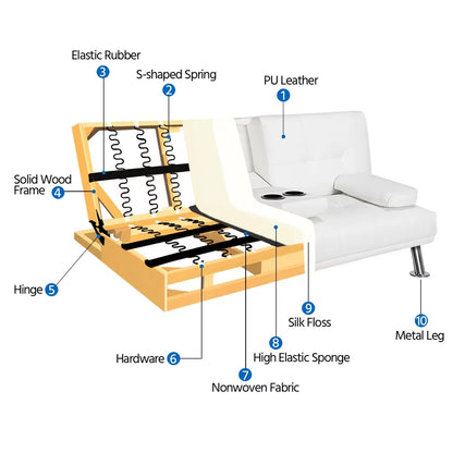 Luxurygoods Modern Faux Leather Futon with Cupholders and Pillows, White