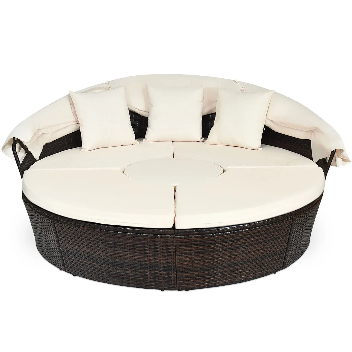 Cushioned Patio Rattan round Daybed W/ Adjustable Table 3 Pillows Canopy