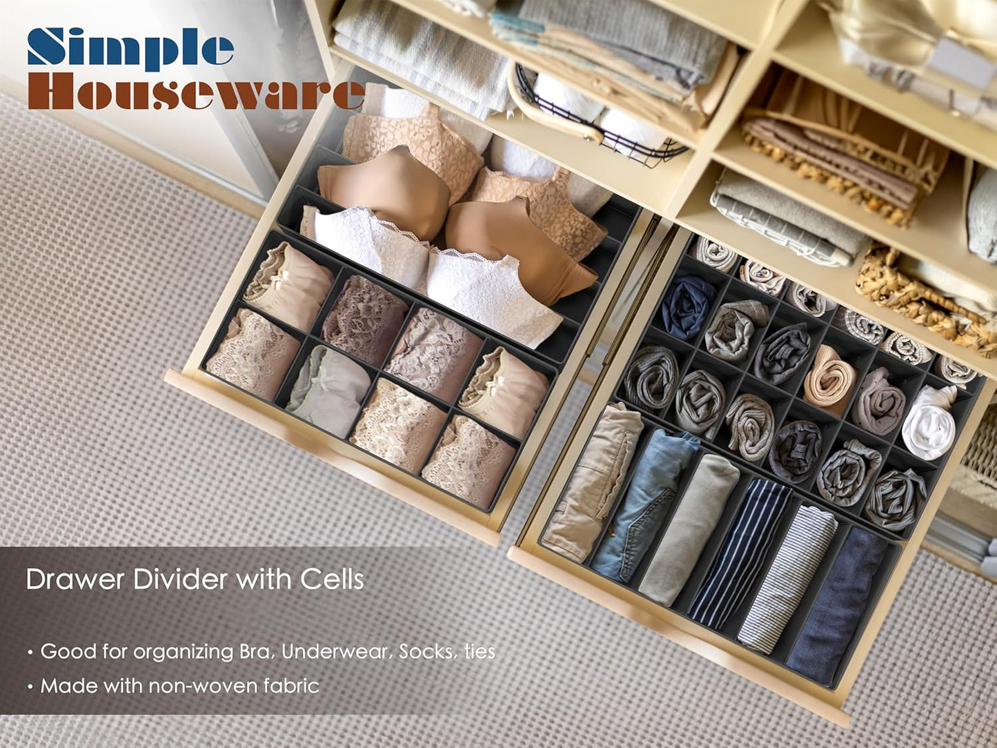 4-Pack Drawer Organizer Set - Closet Dividers for Underwear, Socks, Bras, Scarves, Ties - Foldable Non-Woven Storage Boxes, Dark Gray