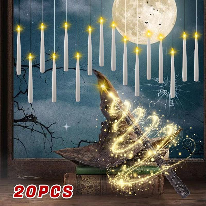 20 Pack Hanging Floating Flameless LED Candles with Wand Remote - Taper Candles with 6H Timer – 164Ft Fishing Line, Hooks – Magic Wand Candles for Halloween, Christmas, Party, Bedroom Decorations