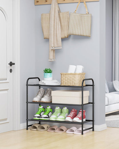 Shoe Rack - Stainless Steel Shoe Organizer, Sturdy Shoe Rack for Closet and Front Door Entrance, Free Standing Shoe Shelf, Closet Organizers and Storage, 25.6" Wide - 3 Tier, Black