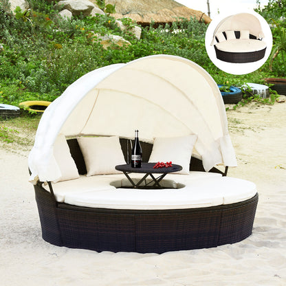 Cushioned Patio Rattan round Daybed W/ Adjustable Table 3 Pillows Canopy