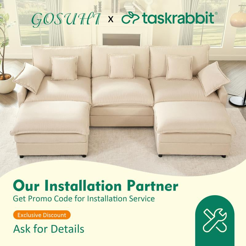 【2 Packages Shipping】Gosuhi 108" U-Shaped Modular Sectional Sofa - Comfy Cloud 3-Seater with Movable Ottoman, Deep Seat Linen Couch for Living Room, Beige Color ,Comfort & Stylish Design