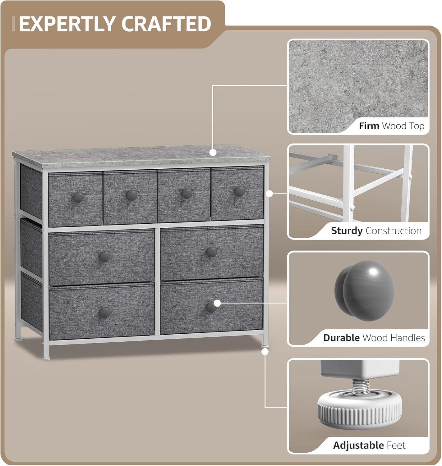 Dresser with 8 Drawers - Chest Clothing Organizer Unit with Steel Frame Wood Top Knob Handle Easy Pull Fabric Bins - Large Storage Furniture for Bedroom, Hallway, Living Room, Nursery & Closet