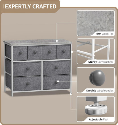 Dresser with 8 Drawers - Chest Clothing Organizer Unit with Steel Frame Wood Top Knob Handle Easy Pull Fabric Bins - Large Storage Furniture for Bedroom, Hallway, Living Room, Nursery & Closet