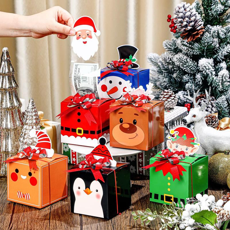 12 Pcs Christmas Money Box Christmas Party Gift Money Gift Boxes for Cash Pop up Christmas Money Holders for Cash with Festive Red Bows Clear Cash Seal Bags Penguin Santa Reindeer Snowman Gingerbread Men Pattern for Birthday Christmas Party Favor Supplies