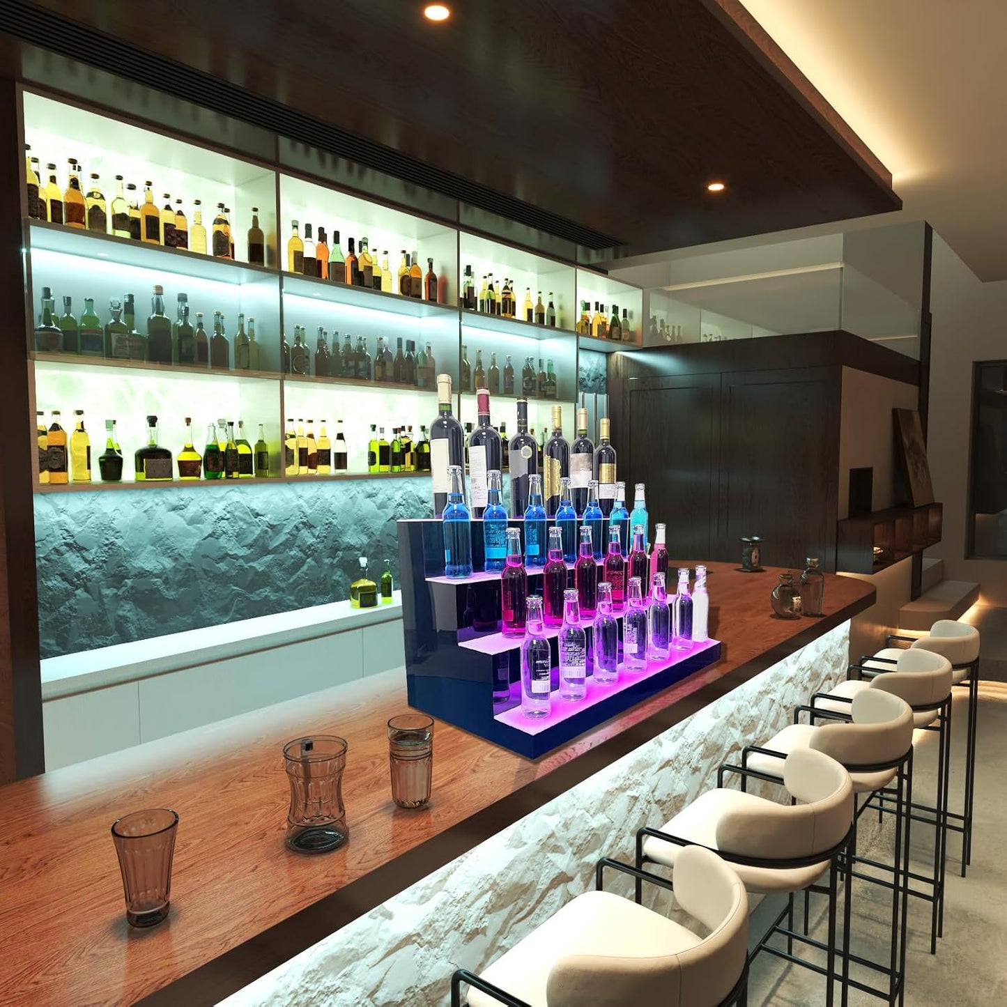 31 Inch 4 Step LED Lighted Liquor Bottle Display Illuminated Liquor Bottle Bar Display Stand LED Display Shelf 4 Tier Home Commercial Bar Drinks Lighting Shelves with Remote Control