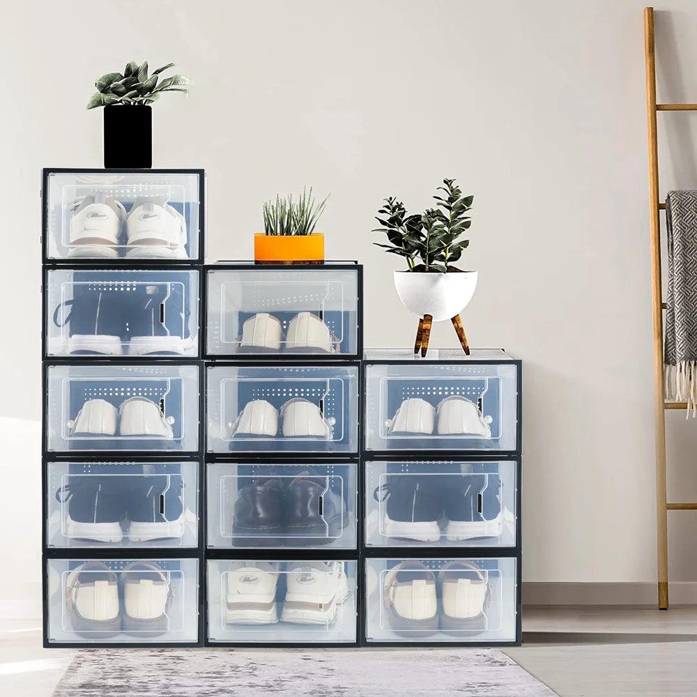 Clear Shoe Ogranizer for Closet,Shoes Boxes Bins Stackable,Folding Shoe Sneaker Containers Storage Box Rack with Lids 12 Pack