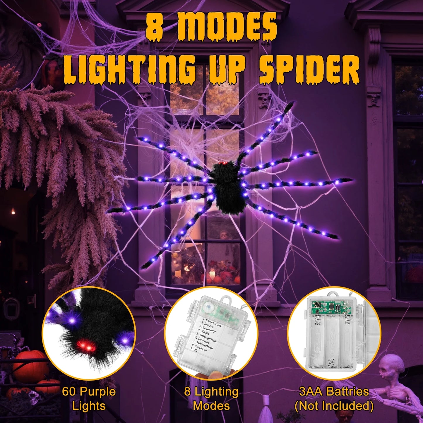 2 Giant LED 5Ft Spiders!  Light up Spider, Halloween Decorations Outdoor, 2 Pack Scary Large Halloween Spider Decor for Home Party Favor Yard Decor