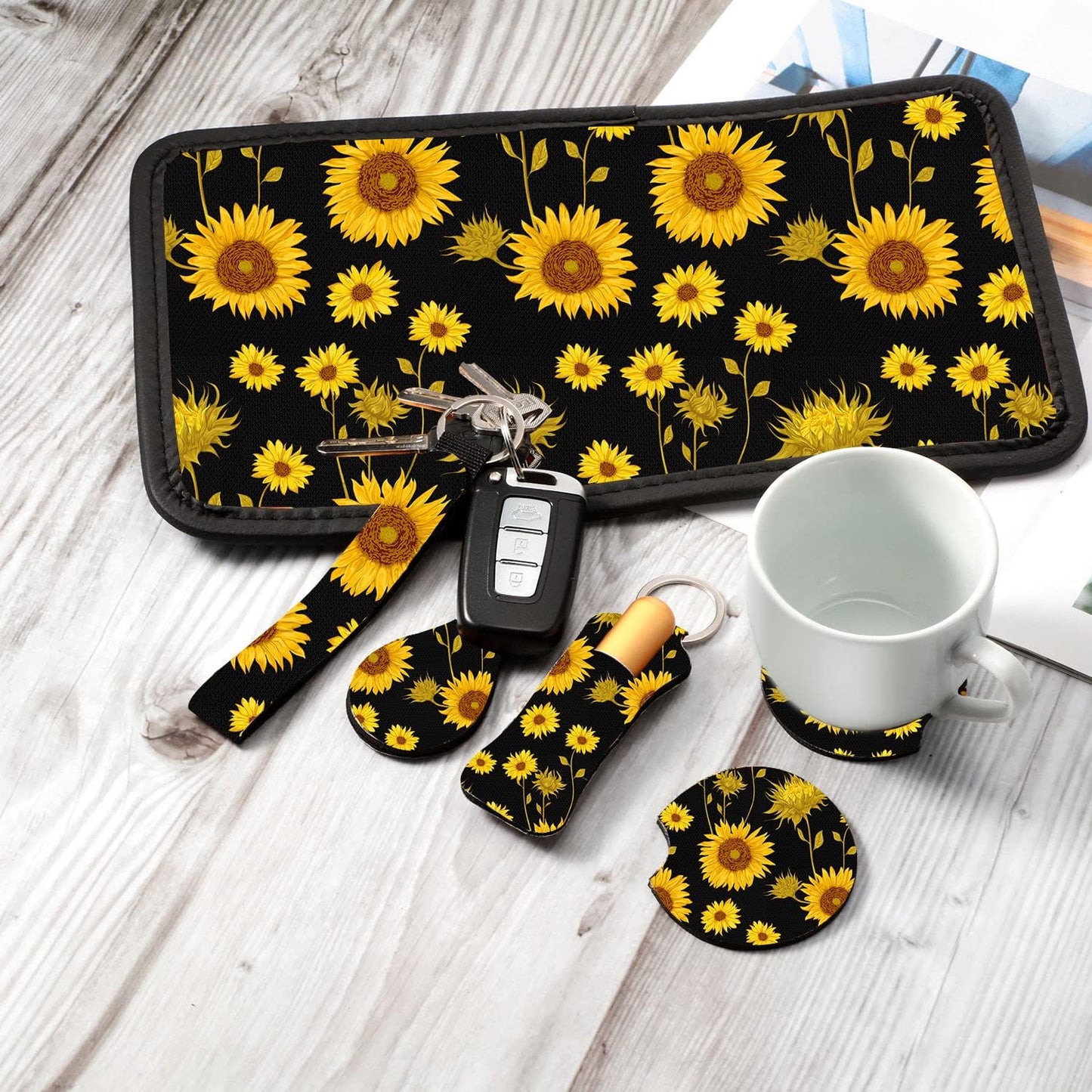 26 Pieces Sunflower Car Accessories, Sunflower Seat Covers Full Set Floor Mat Steering Wheel Cover Seat Belt Shoulder Pads Center Armrest Pad Gear Cover Handbrake Interior Car Decor