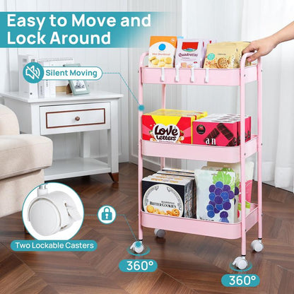 Transparent Stackable Drawer Organizer with Handles for Bathroom Kitchen Pantry under Sink Cabinet Closet Makeup Multifunctional Storage Solution 5-10Kg Capacity, 3-Tier Metal Rolling Cart with Wheels Pink
