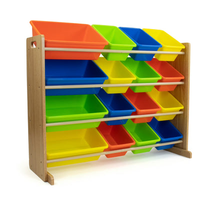 Kids Toy Storage Organizer with 16 Plastic Storage Bins, Natural/Multi Colors