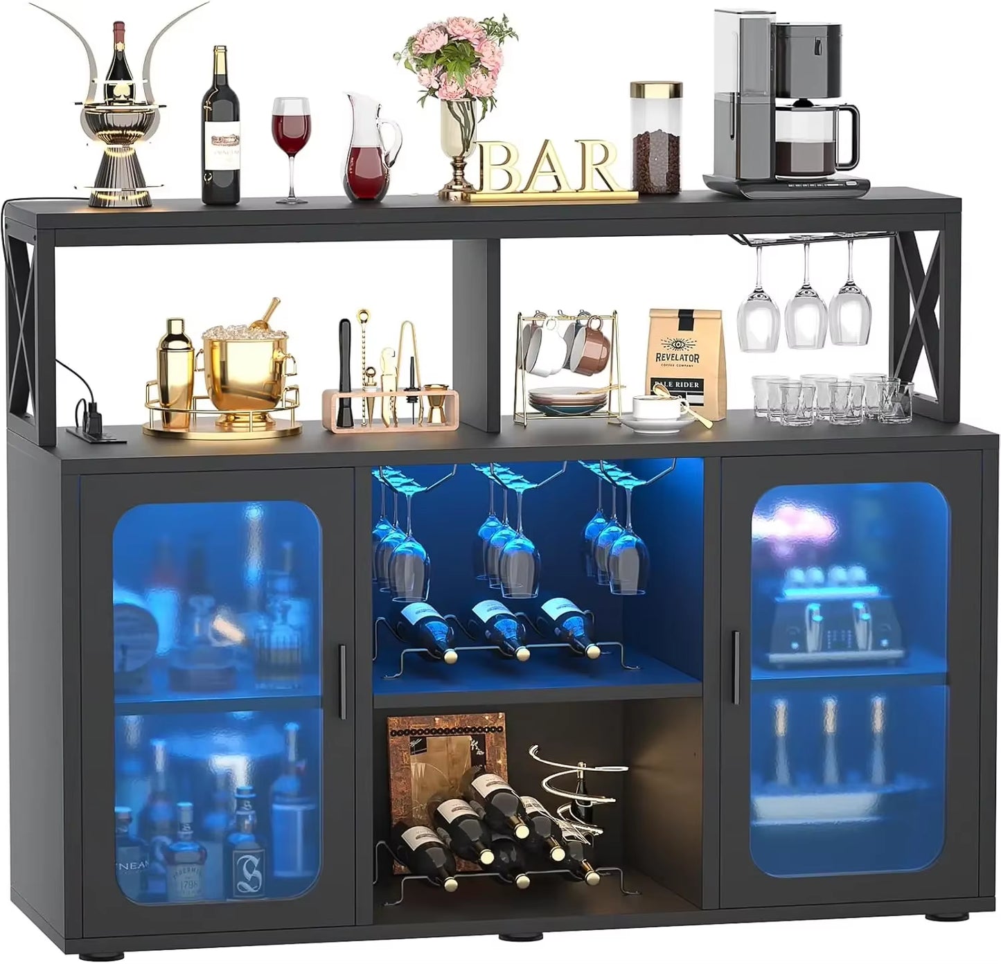 Bar Cabinet with Power Outlets, Liquor Cabinet with Led Lights and Glass Holder, Storage Buffet Cabinet Coffee Bar