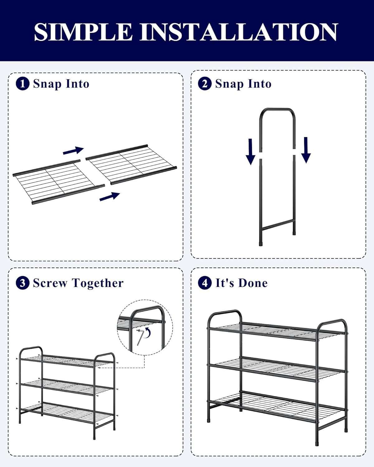 Shoe Rack - Stainless Steel Shoe Organizer, Sturdy Shoe Rack for Closet and Front Door Entrance, Free Standing Shoe Shelf, Closet Organizers and Storage, 25.6" Wide - 3 Tier, Black