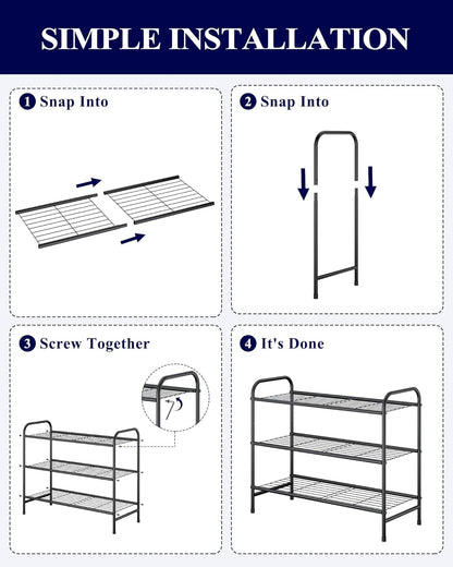 Shoe Rack - Stainless Steel Shoe Organizer, Sturdy Shoe Rack for Closet and Front Door Entrance, Free Standing Shoe Shelf, Closet Organizers and Storage, 25.6" Wide - 3 Tier, Black