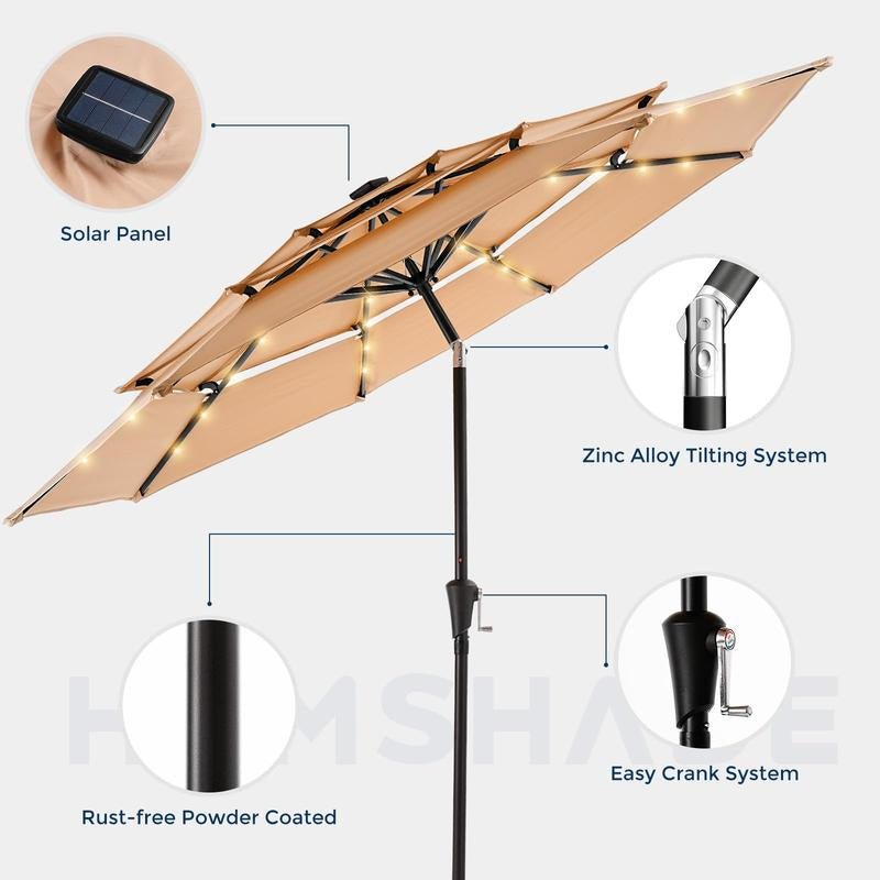 9FT 3-Tier Solar Patio Umbrella Heavy Duty, Vented Market Table Umbrella Windproof W50+,8 Thicker Ribs for Pool, Lawn, Garden