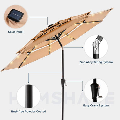 9FT 3-Tier Solar Patio Umbrella Heavy Duty, Vented Market Table Umbrella Windproof W50+,8 Thicker Ribs for Pool, Lawn, Garden