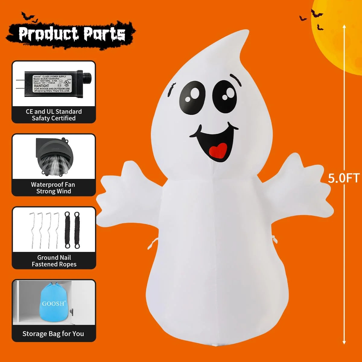 Halloween Inflatable 5 FT Halloween Ghost Inflatable with Built-In Leds, Cute Halloween Inflatable Ghost Blow up Ghost Inflatable, Outdoor Halloween Decorations for Halloween Holiday Party