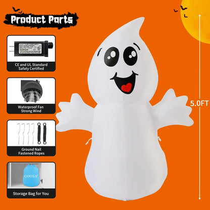 Halloween Inflatable 5 FT Halloween Ghost Inflatable with Built-In Leds, Cute Halloween Inflatable Ghost Blow up Ghost Inflatable, Outdoor Halloween Decorations for Halloween Holiday Party