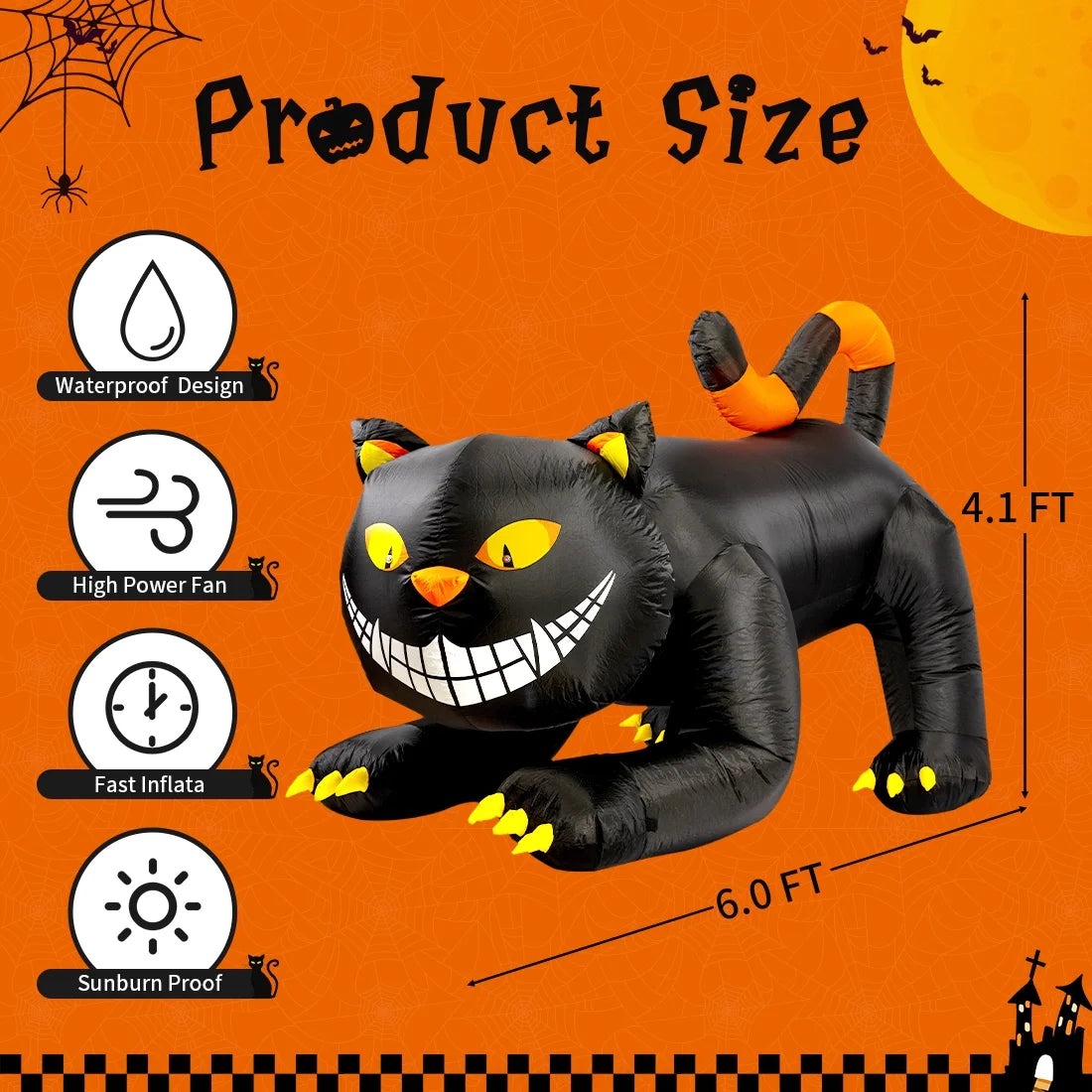 Halloween Inflatable 6 FT Black Cat Inflatable Moving Head, Scary Halloween Decorations Black Cat with LED Lights Built-In, Halloween Outdoor Decorations Clearance for Holiday/Party/Yard/Garden