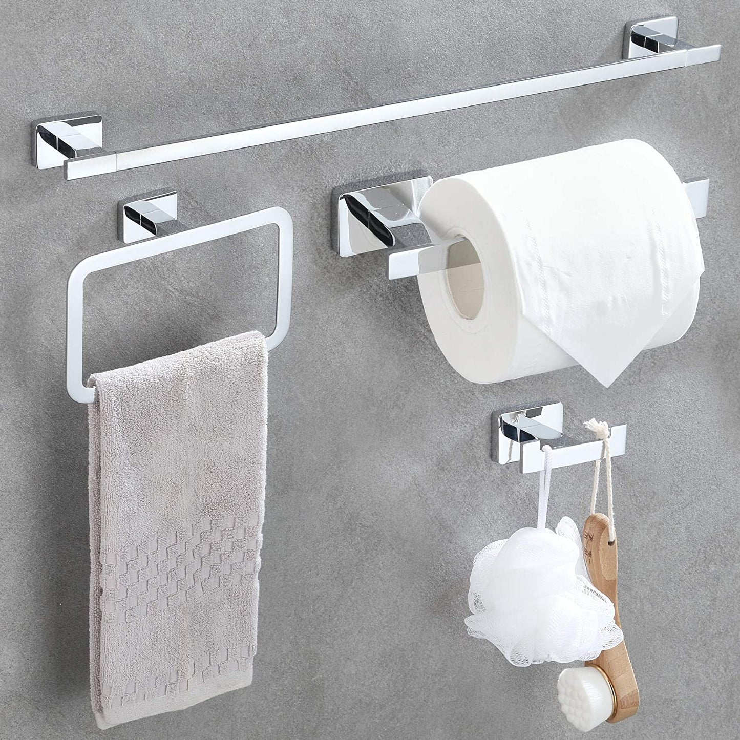 4 Piece Bathroom Hardware Accessories Set,Chrome Stainless Steel Towel Bar Sets Wall Mounted - Includes 16" Towel Bar, Square Towel Ring, Toilet Paper Holder, Robe Towel Hook