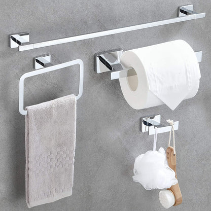 4 Piece Bathroom Hardware Accessories Set,Chrome Stainless Steel Towel Bar Sets Wall Mounted - Includes 16" Towel Bar, Square Towel Ring, Toilet Paper Holder, Robe Towel Hook