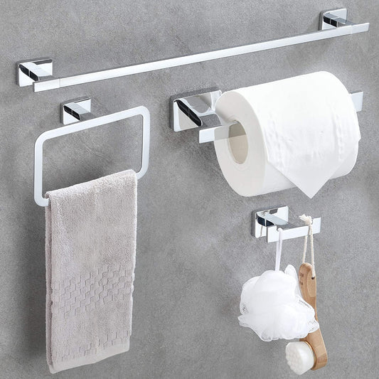 4 Piece Bathroom Hardware Accessories Set,Chrome Stainless Steel Towel Bar Sets Wall Mounted - Includes 16" Towel Bar, Square Towel Ring, Toilet Paper Holder, Robe Towel Hook
