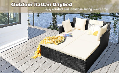 Outdoor Patio Rattan Daybed Wicker Sofa Deck Furniture W/Cushions & Pillows Navy