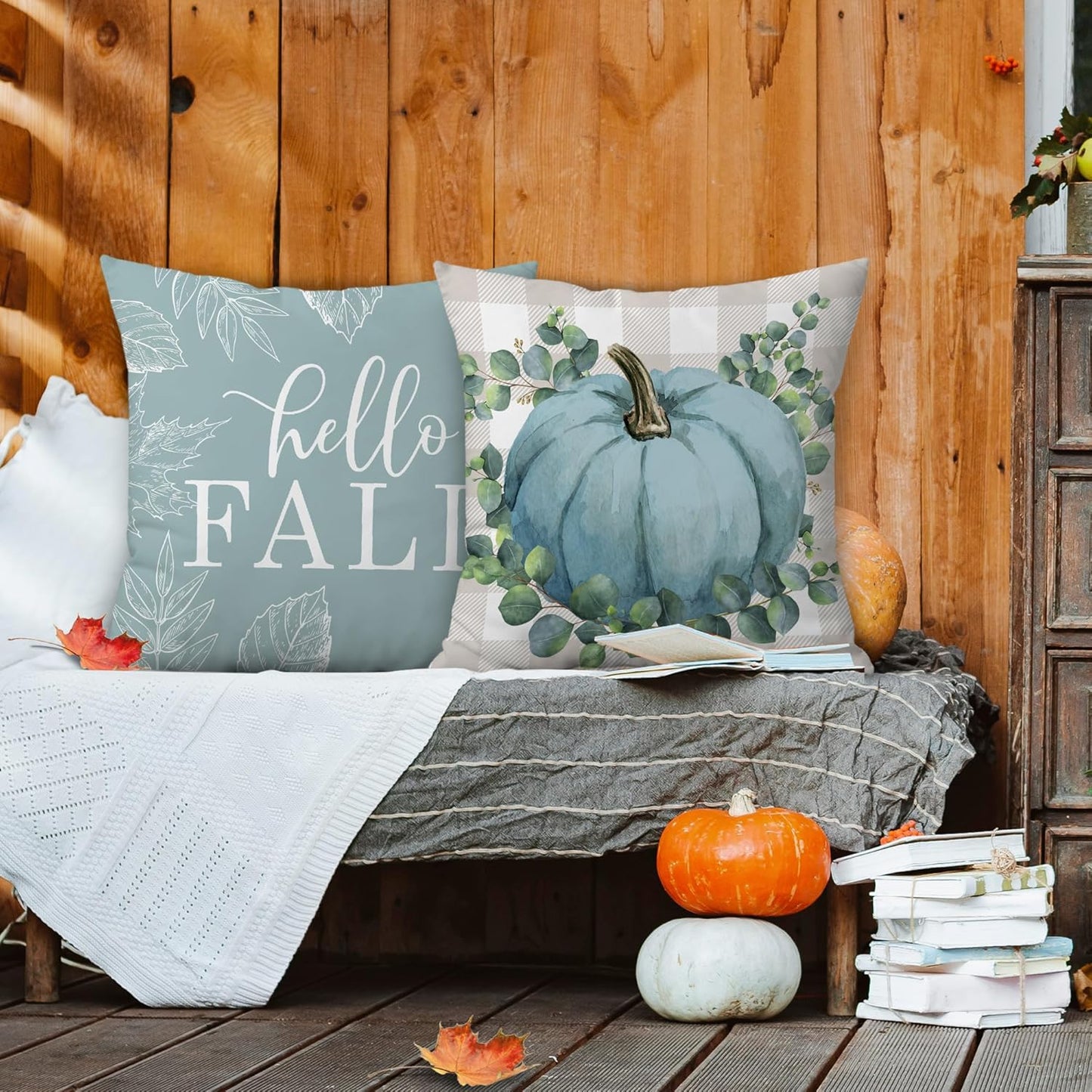 Fall Pillow Covers 18X18 Set of 4, Fall Decorations for Home Throw Pillows for Couch, Indoor & Outdoor Autumn Decor - Blue Pumpkin Seasonal Pillow Covers