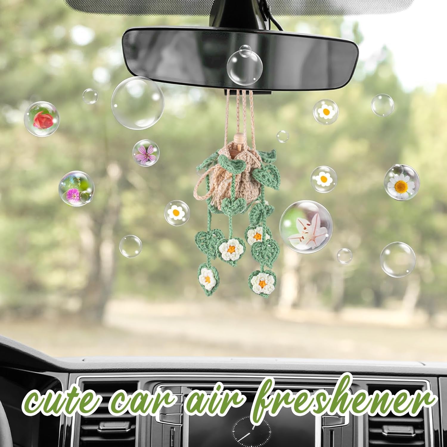 Crochet Plant Car Air Freshener 12Ml Empty Refillable Car Diffuser Bottle with Cute Potted Plants Hanging Accessories Essential Oil Diffuser