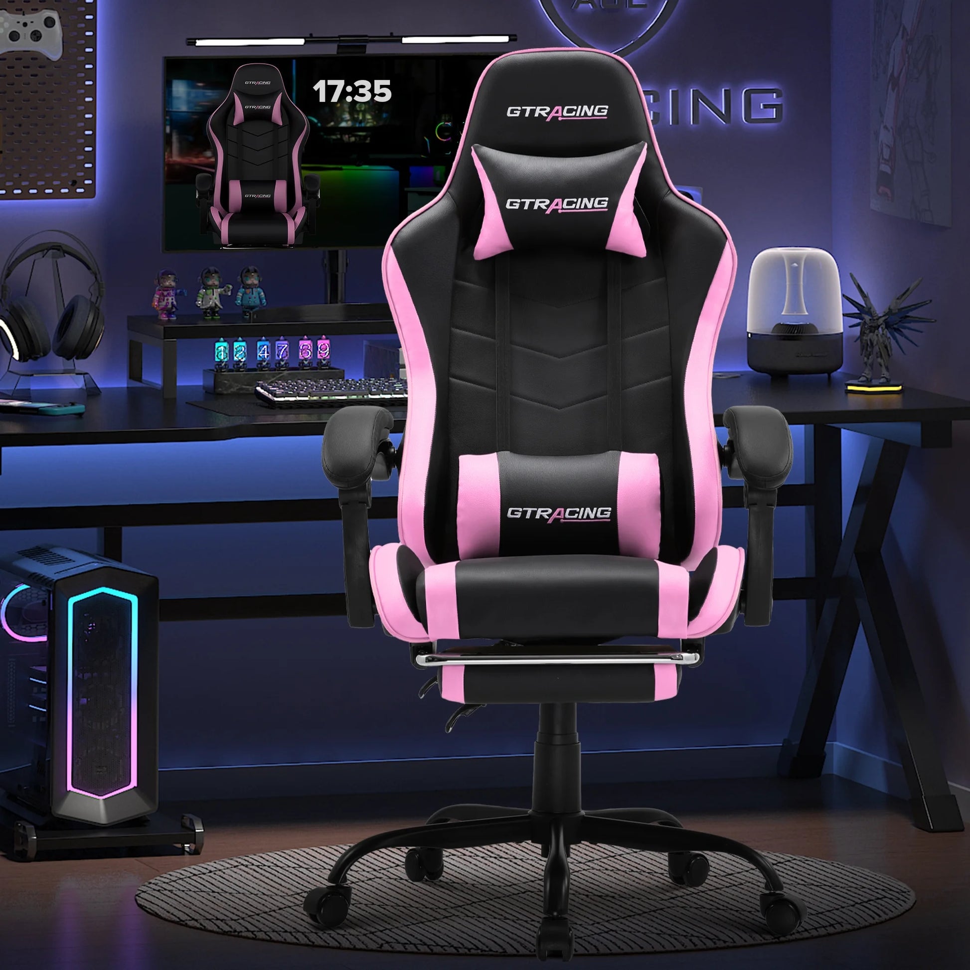 Ergonomic Gaming Chair GTWD-200 with Adjustable Pillows and Footrest , Pink
