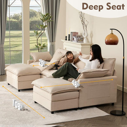 【2 Packages Shipping】Gosuhi 108" U-Shaped Modular Sectional Sofa - Comfy Cloud 3-Seater with Movable Ottoman, Deep Seat Linen Couch for Living Room, Beige Color ,Comfort & Stylish Design