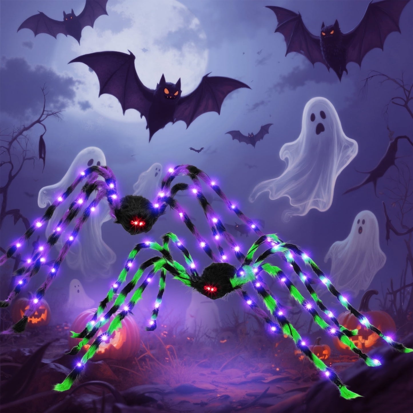 2 Giant LED 5Ft Spiders!  Light up Spider, Halloween Decorations Outdoor, 2 Pack Scary Large Halloween Spider Decor for Home Party Favor Yard Decor