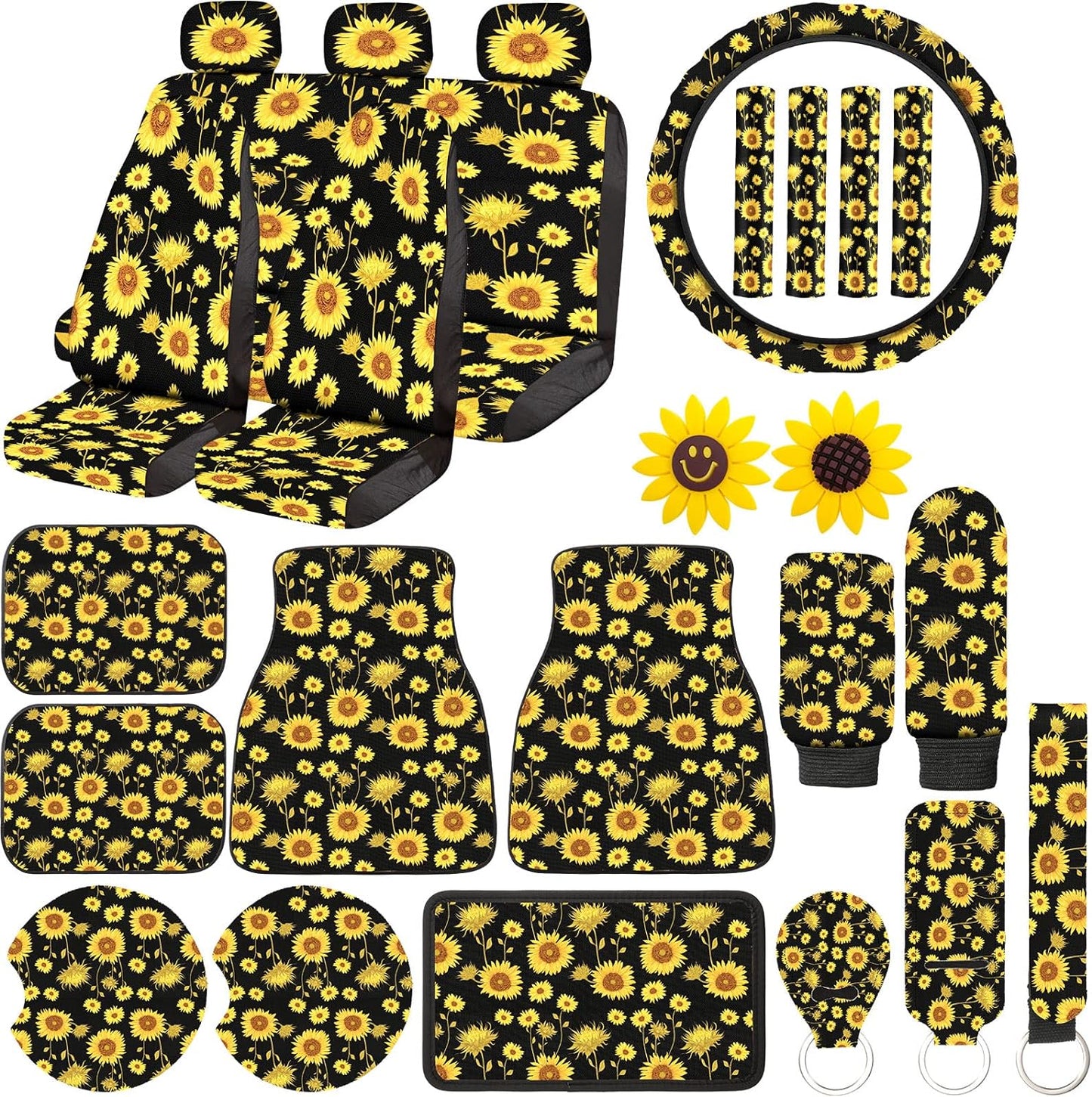 26 Pieces Sunflower Car Accessories, Sunflower Seat Covers Full Set Floor Mat Steering Wheel Cover Seat Belt Shoulder Pads Center Armrest Pad Gear Cover Handbrake Interior Car Decor