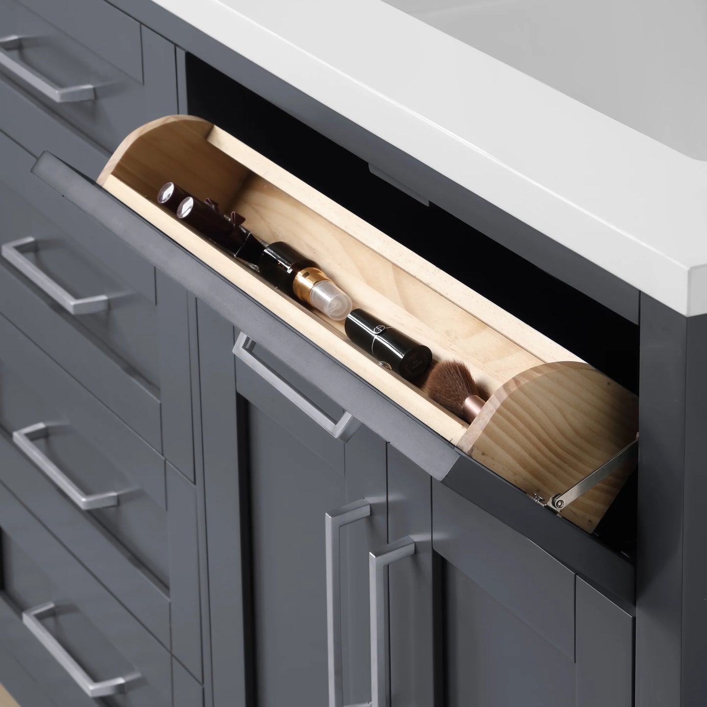 Dark Charcoal Bathroom Vanity with Engineered Marble Countertop and Framed Wall Mirrors 