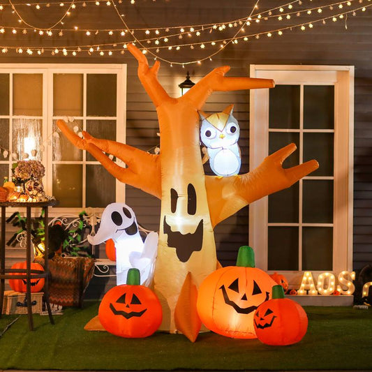7.5' Tall Lighted Halloween Inflatables Outdoor Decorations Haunted Tree with Owl, Ghost, Pumpkins, Blow up LED Yard Decor for Garden, Lawn, Party, Holiday, Waterproof