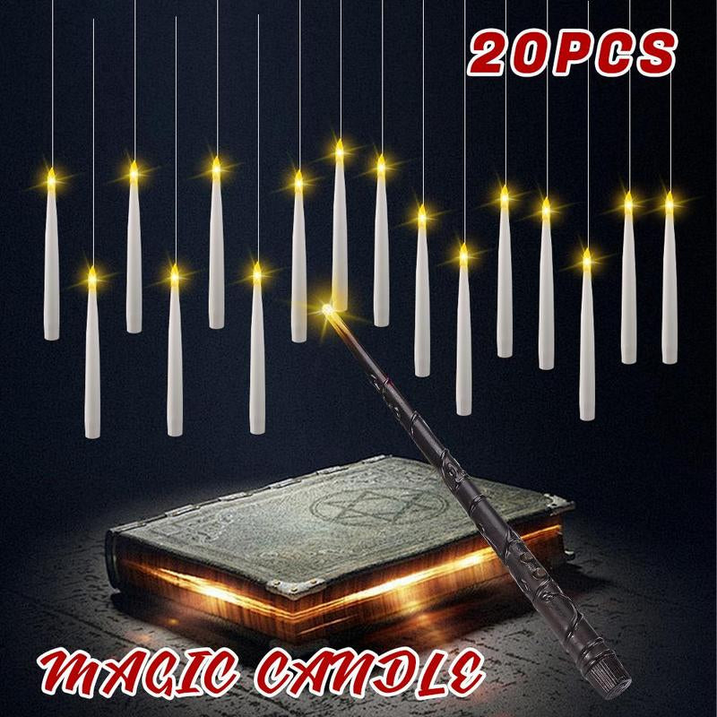 20 Pack Hanging Floating Flameless LED Candles with Wand Remote - Taper Candles with 6H Timer – 164Ft Fishing Line, Hooks – Magic Wand Candles for Halloween, Christmas, Party, Bedroom Decorations