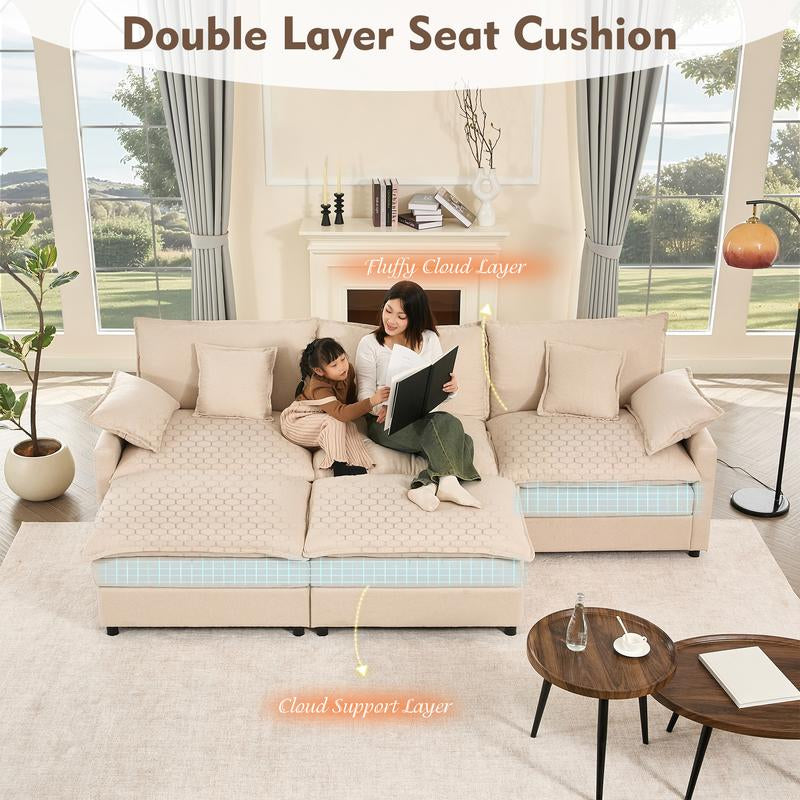 【2 Packages Shipping】Gosuhi 108" U-Shaped Modular Sectional Sofa - Comfy Cloud 3-Seater with Movable Ottoman, Deep Seat Linen Couch for Living Room, Beige Color ,Comfort & Stylish Design