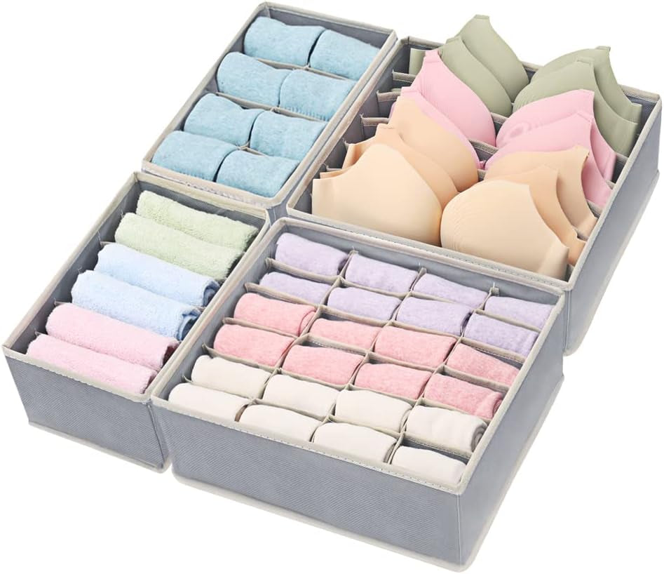 4 Pack Foldable Underwear and Bras Drawer Organizers, Fabric Closet Dresser Drawers Organizers Dividers, Clothing Storage Organizers Box for Lingerie, Panties, Socks, Briefs,Ties, Gray