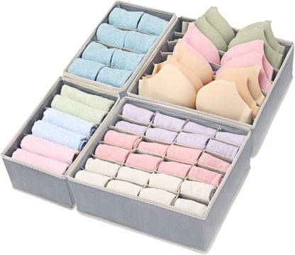 4 Pack Foldable Underwear and Bras Drawer Organizers, Fabric Closet Dresser Drawers Organizers Dividers, Clothing Storage Organizers Box for Lingerie, Panties, Socks, Briefs,Ties, Gray