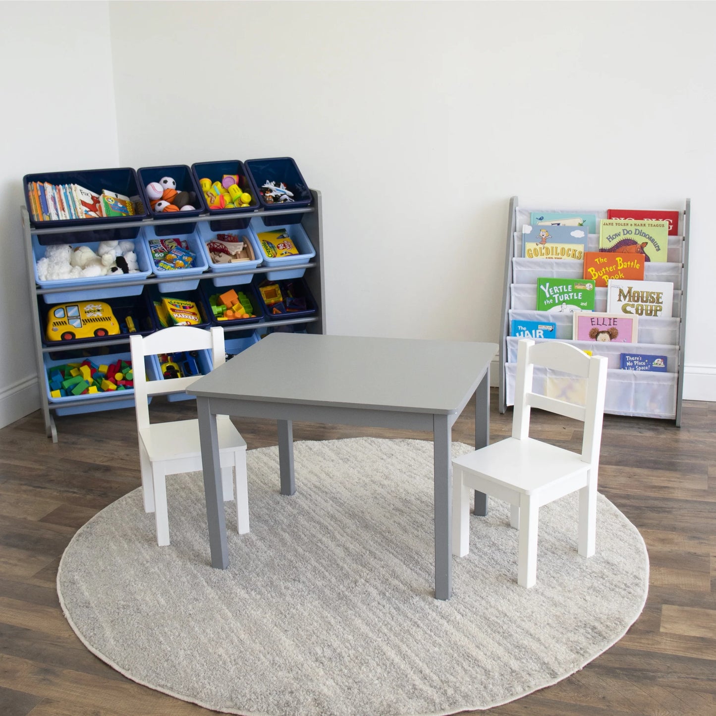 Kids Toy Storage Organizer with 16 Plastic Storage Bins, Grey/Blue