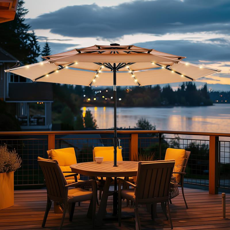 9FT 3-Tier Solar Patio Umbrella Heavy Duty, Vented Market Table Umbrella Windproof W50+,8 Thicker Ribs for Pool, Lawn, Garden