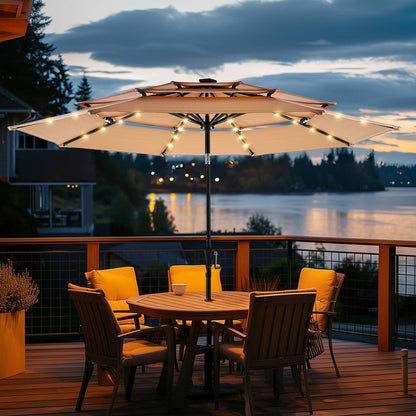 9FT 3-Tier Solar Patio Umbrella Heavy Duty, Vented Market Table Umbrella Windproof W50+,8 Thicker Ribs for Pool, Lawn, Garden