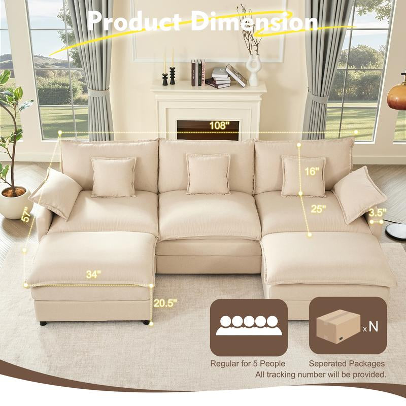 【2 Packages Shipping】Gosuhi 108" U-Shaped Modular Sectional Sofa - Comfy Cloud 3-Seater with Movable Ottoman, Deep Seat Linen Couch for Living Room, Beige Color ,Comfort & Stylish Design